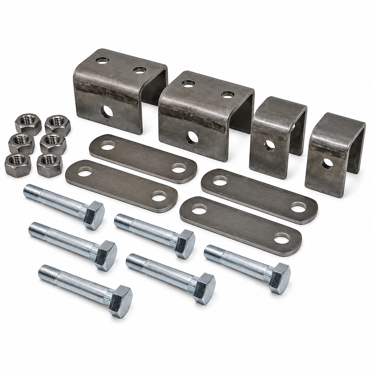 Complete trailer suspension kit with double-eye leaf springs, spring hangers, equalizer and shackles for tandem axle trailer