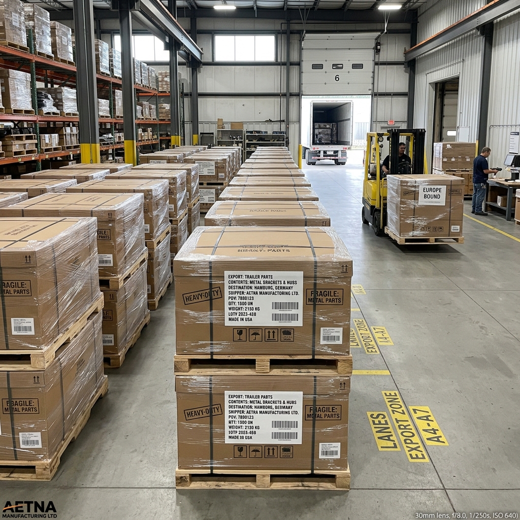 Export-ready packaging of trailer parts for container shipment to USA